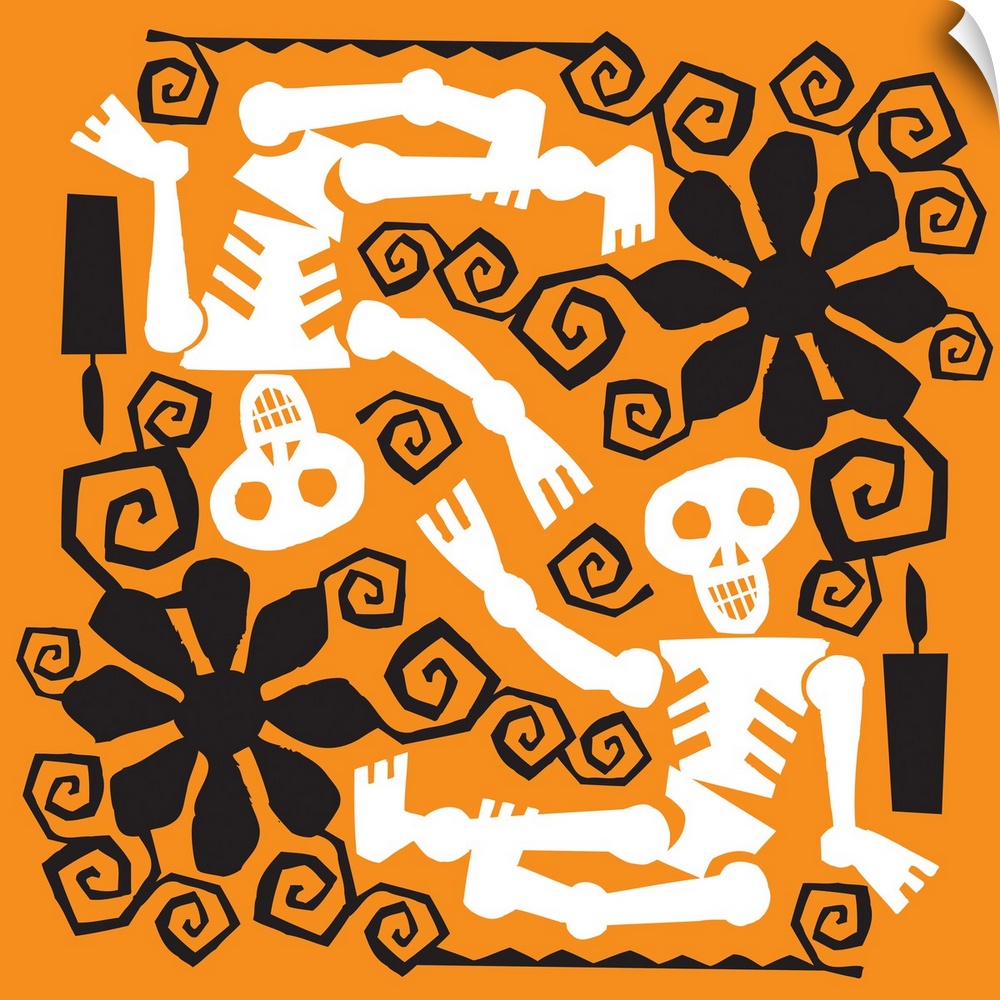 Two skeletons with black flower designs on orange.