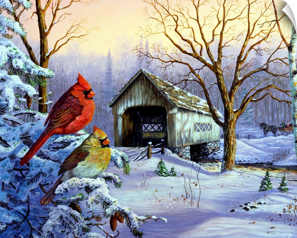 Big painting on canvas of two cardinals sitting on a snowy branch with a covered bridge in the distance and a horse with a...