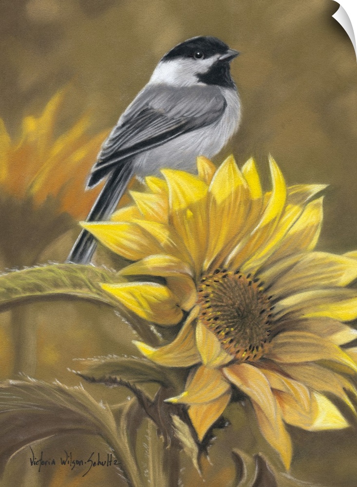 Beautiful artwork perfect for the home that shows a bird sitting on the top of a sunflower.