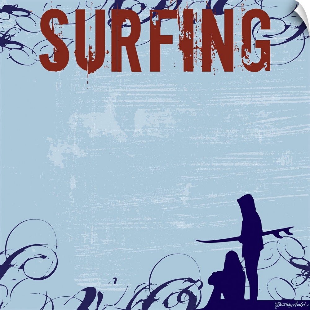 The silhouette of two people is drawn at the bottom of this artwork with the word surfing in bold font at the top leaving ...