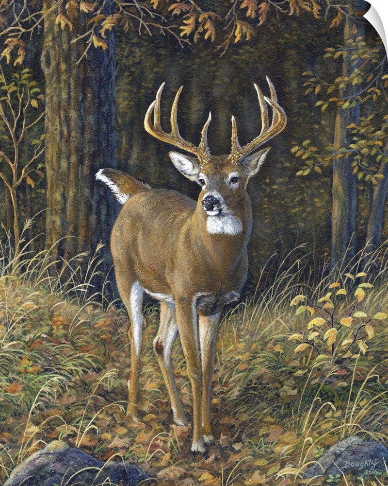 Contemporary artwork of a buck with a stunning pair of antlers, standing in a forest clearing.