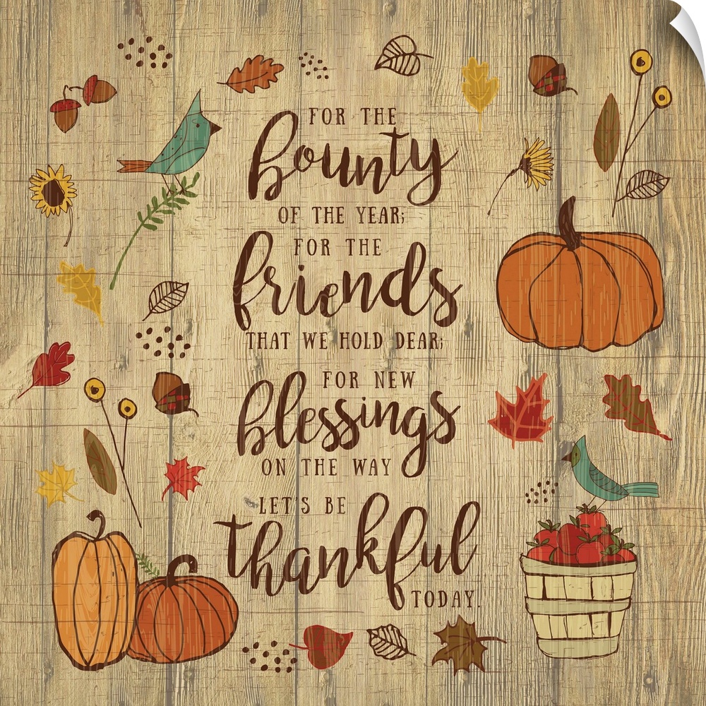 Thanksgiving themed decor of pumpkins, leaves, and birds surrounding a thankful prayer.