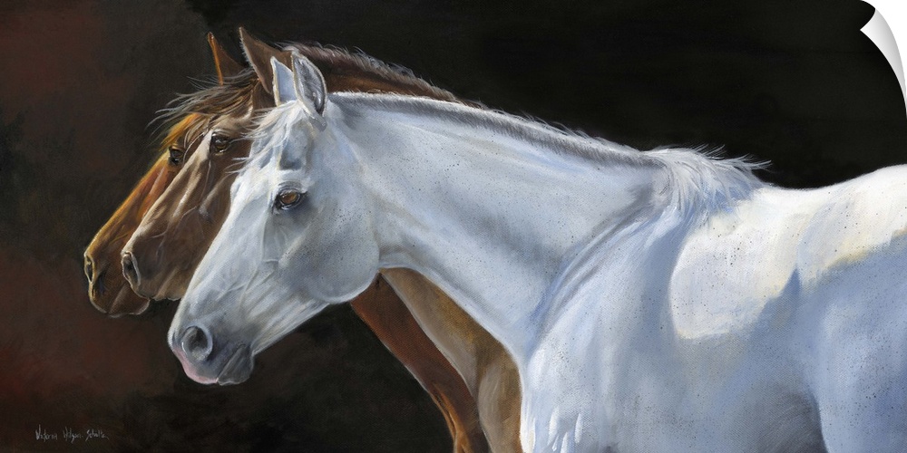 Contemporary painting of three horses in profile.
