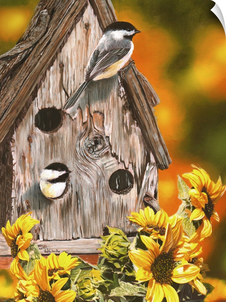 A pair of chickadees living in a wooden birdhouse, near sunflowers.