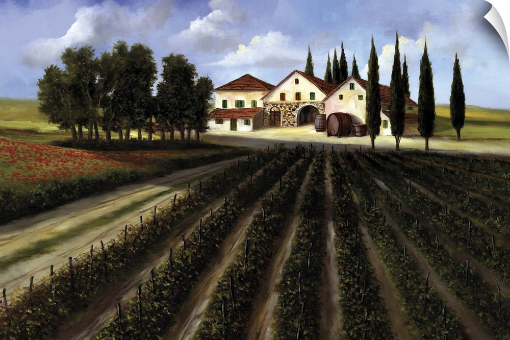 Contemporary landscape painting of a vineyard with a farm house in the distance.