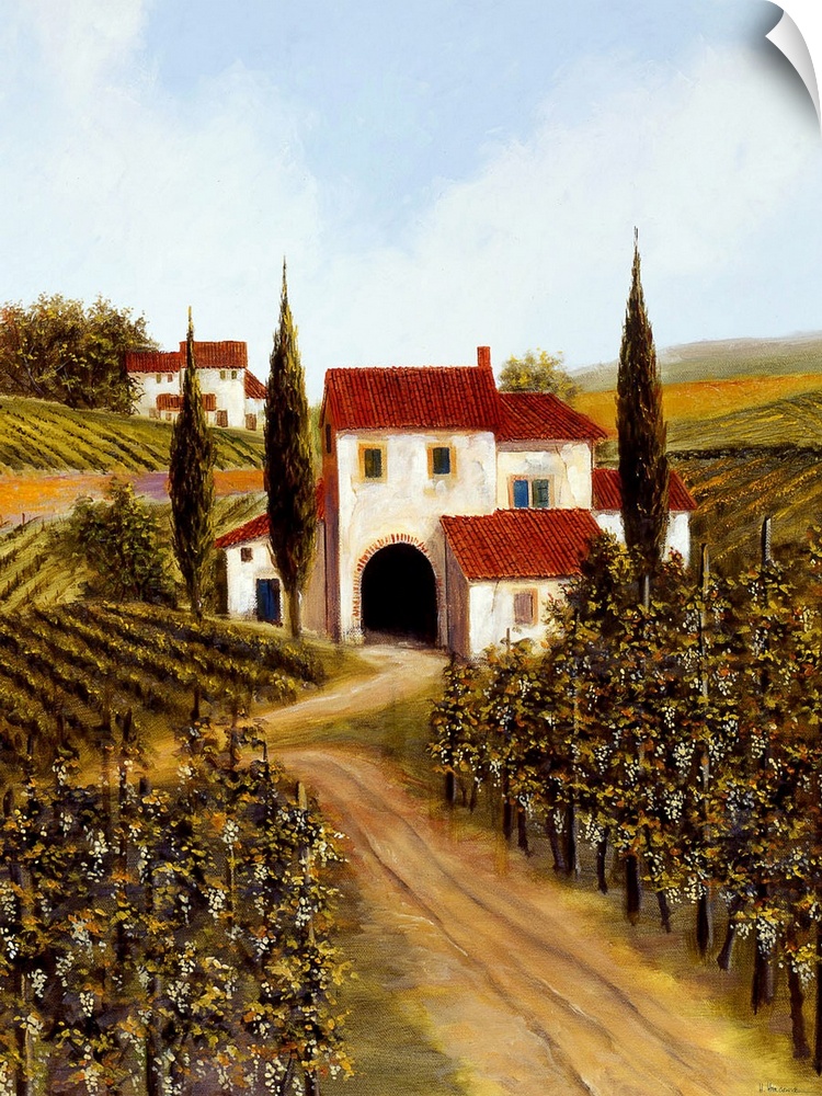 Painting of a red roofed Tuscan villa in the middle of a vineyard.