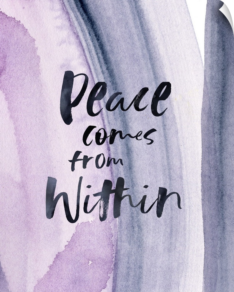 "Peace Comes From Within" with a purple watercolor blush stroke background.