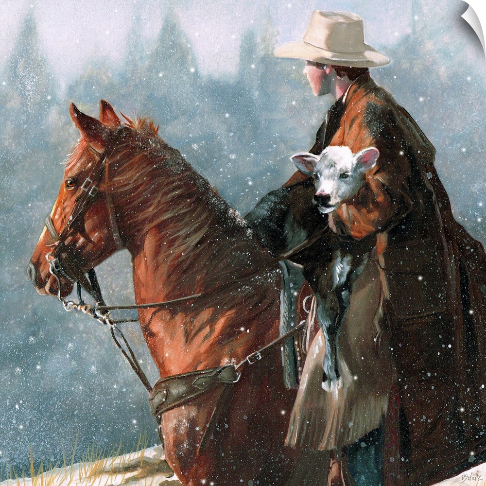 A rancher holding a calf on horseback, looking wistful.