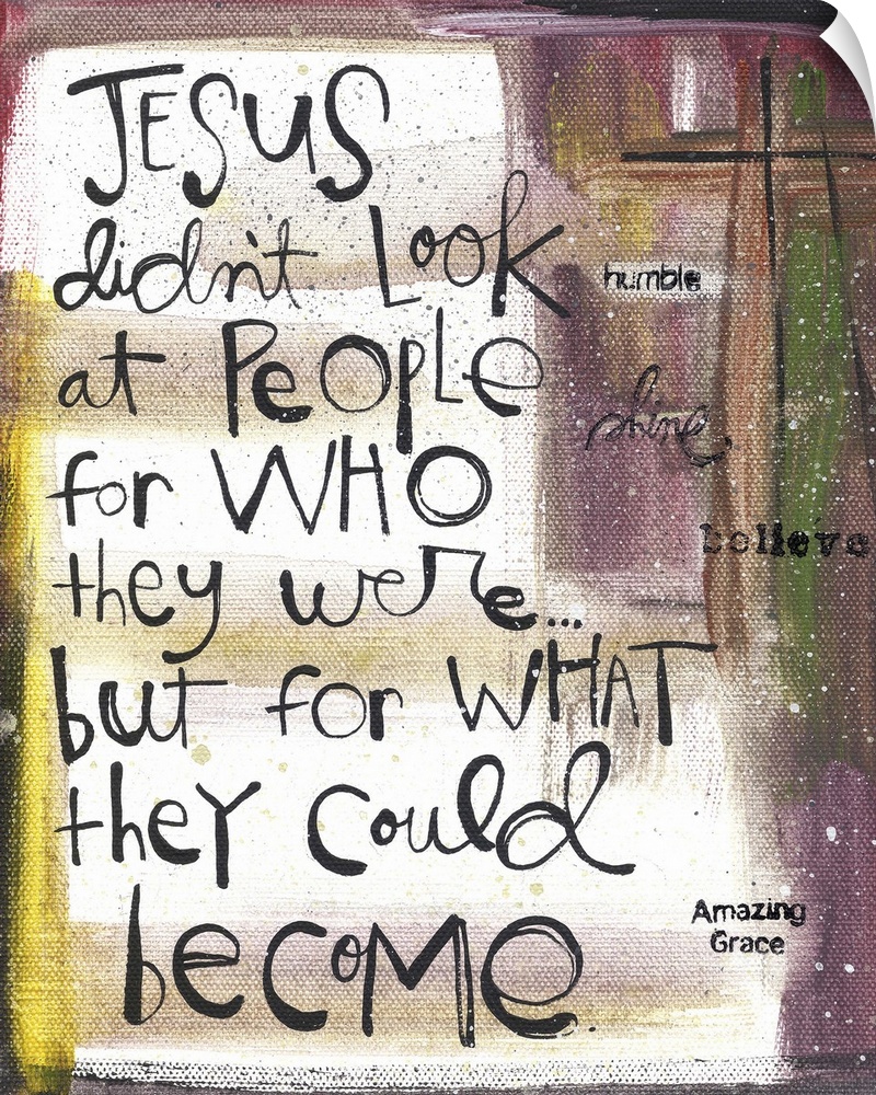 An inspirational message about Jesus handwritten with purple and yellow.