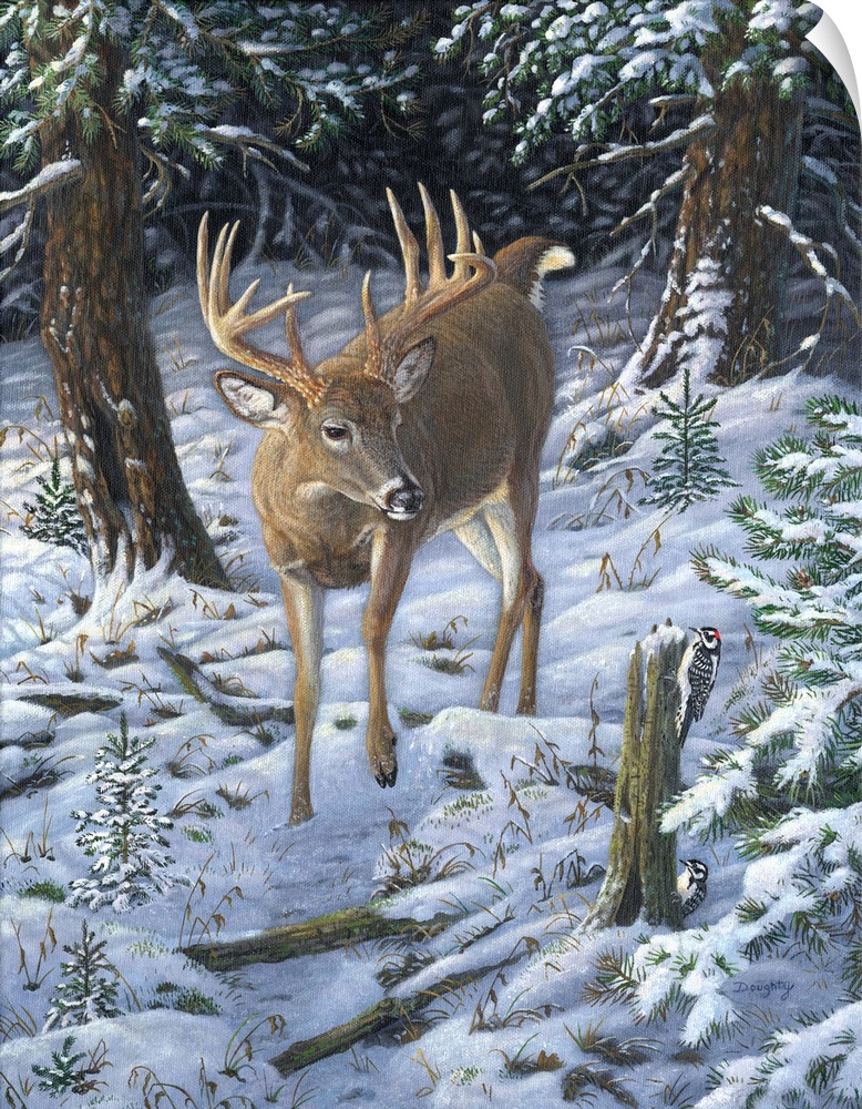 Contemporary artwork of a deer walking through a forest covered in snow.