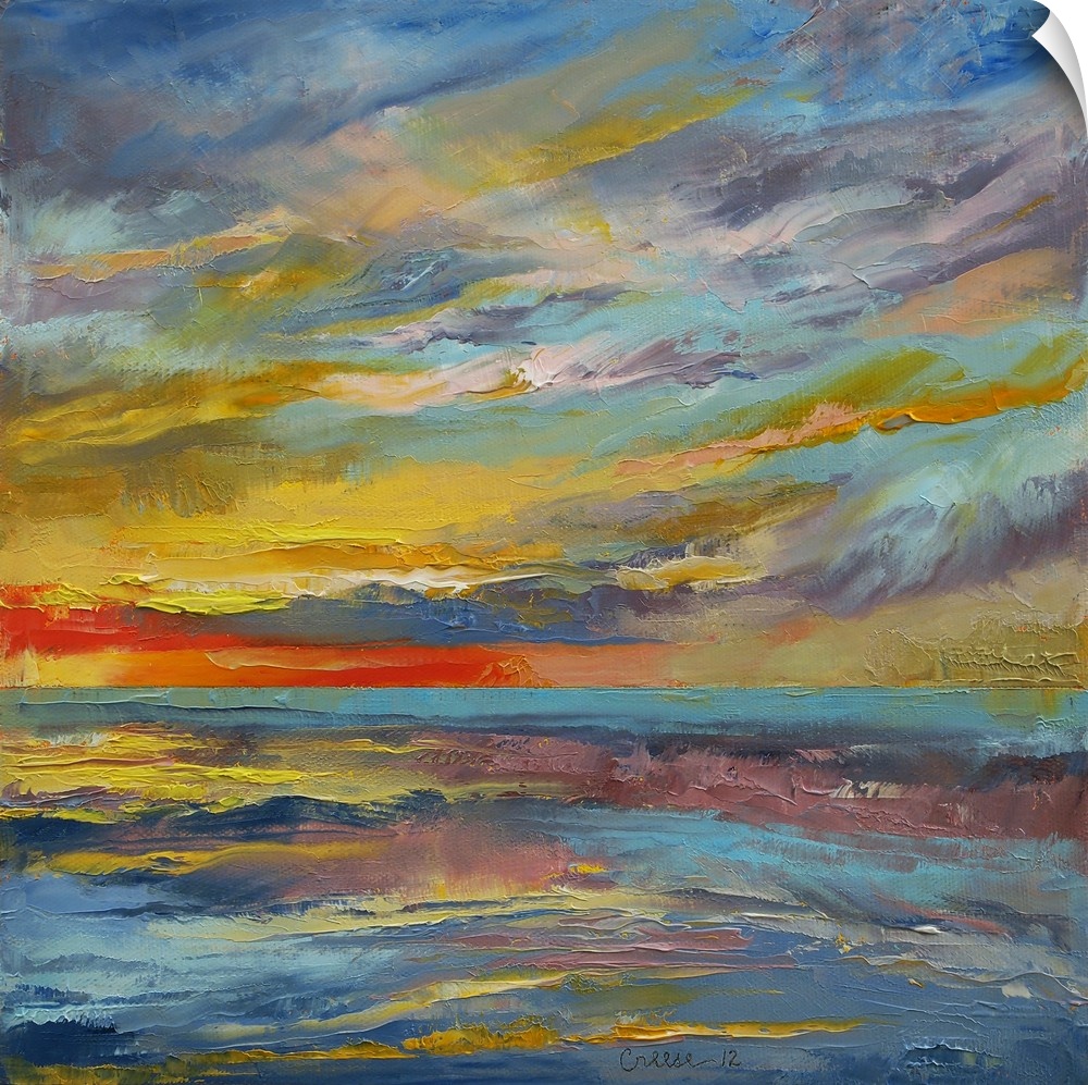 Large square abstract painting of rough sea waters beneath a vibrant, cloudy sky at sunset.