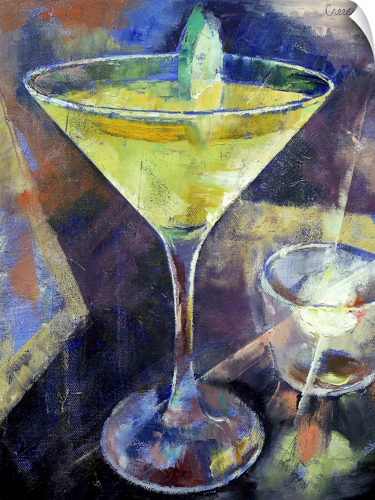 Portrait, contemporary painting on a large canvas of an appletini sitting on a table, a small candle in a clear, glass hol...