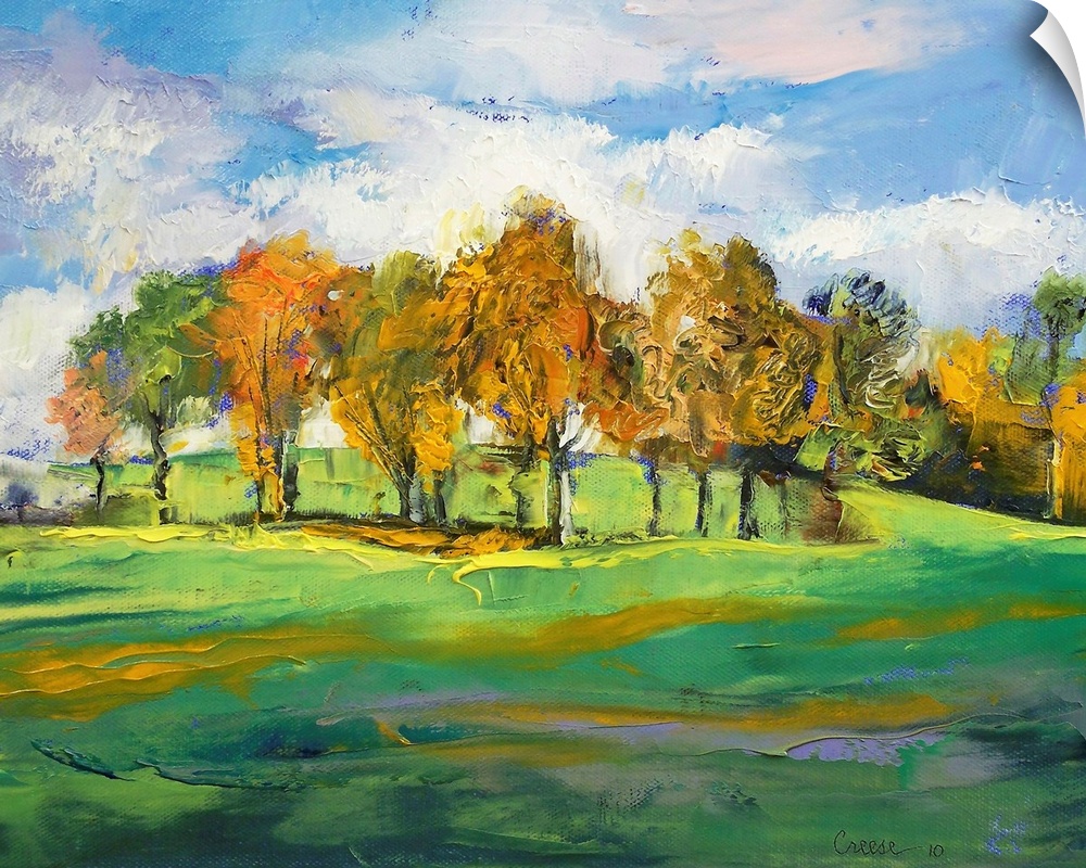 Large contemporary art composed of groups of trees sitting on slightly rolling hills on a sunny day in Autumn.