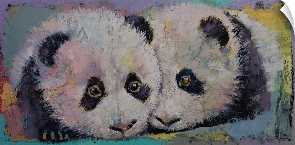 A contemporary painting of a cute panda bear cub against a colorful background.
