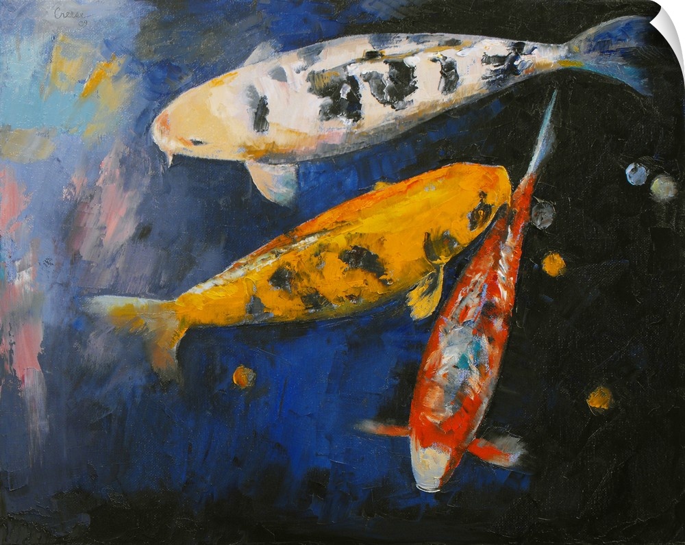 Painting on canvas of big koi fish swimming in the water.