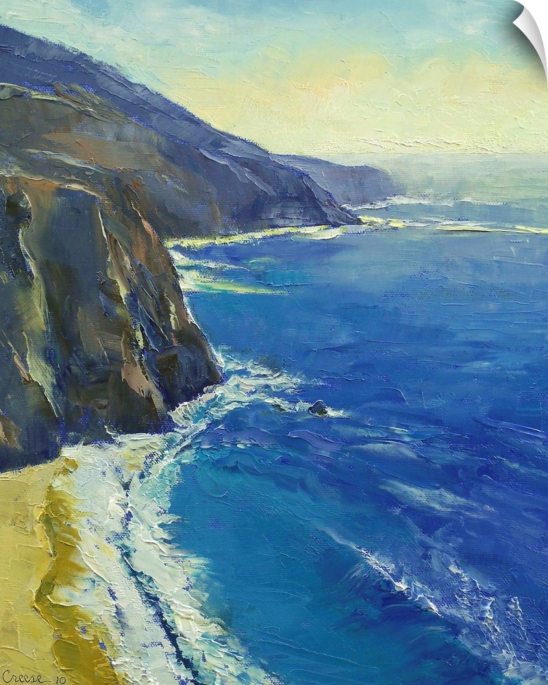 Contemporary painting of a beach along the rocky cliffs of the Pacific Ocean.