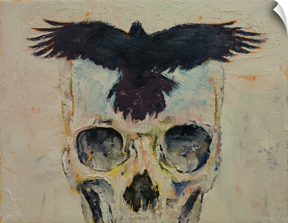A contemporary painting of a human skull with a black crow on the forehead.