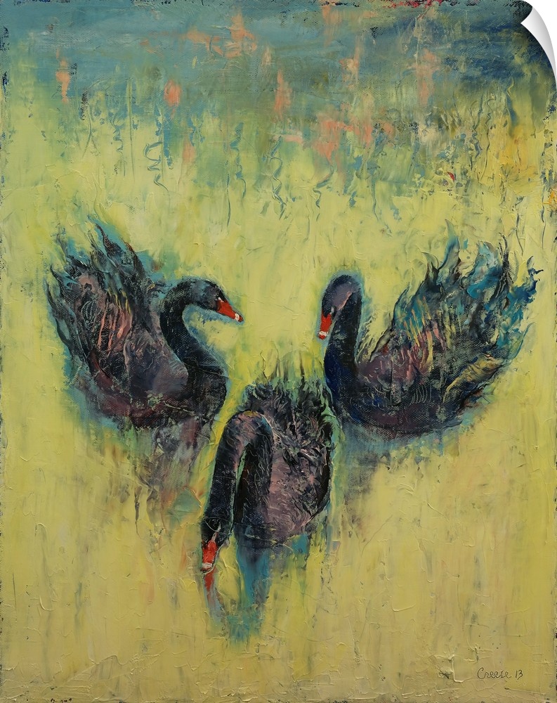 A contemporary painting of three black swans making the eyes and nose of a human skull.