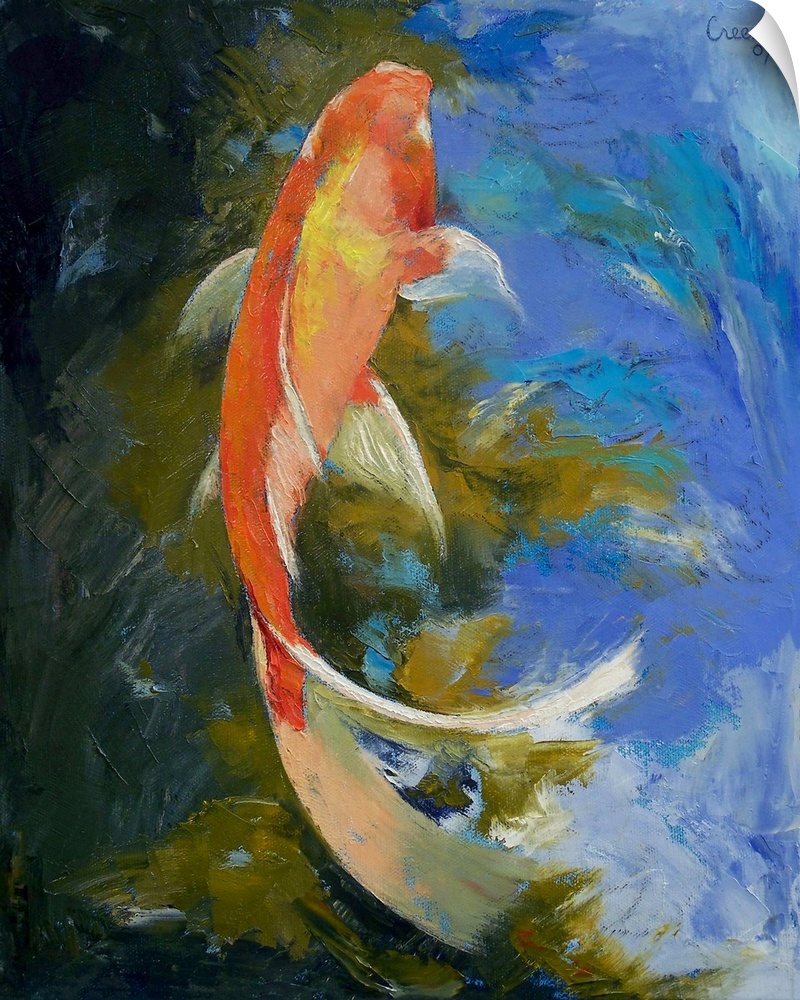 Vertical, large painting of the top of a butterfly koi fish swimming through the plants in the water.  Painted with thick,...