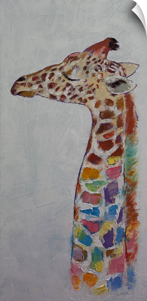 A contemporary painting of a giraffe with colorful spots.