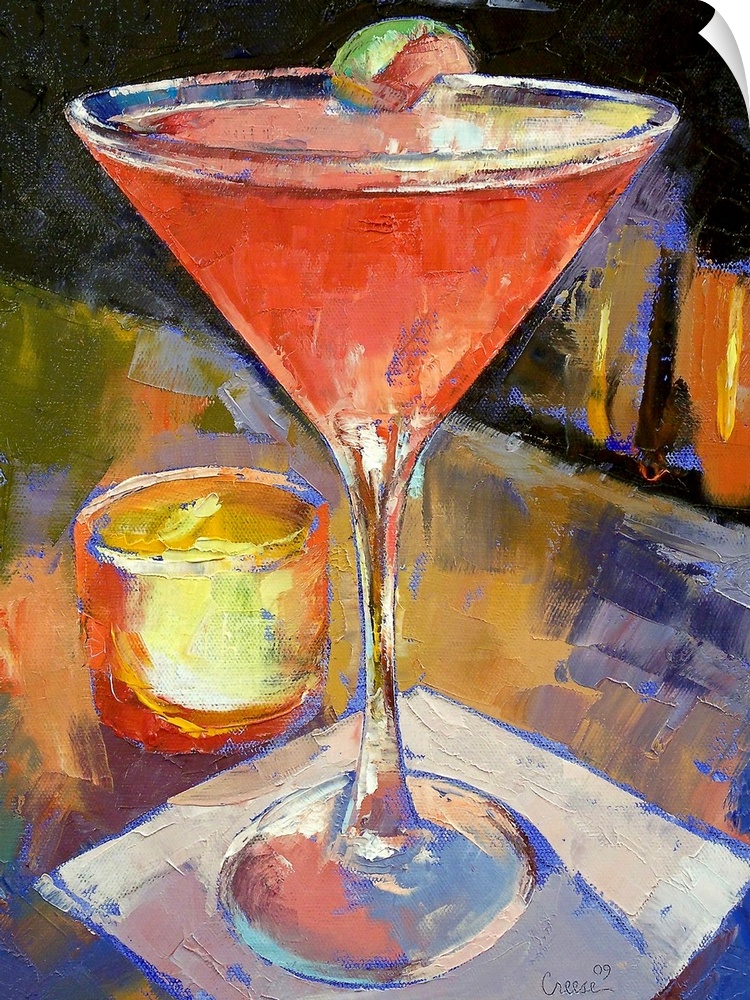 Artwork perfect for the home or kitchen of an oil painted martini glass filled with a pink drink and lime wedge on the side.