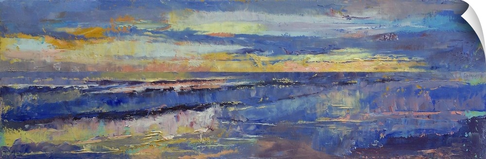 A piece of contemporary artwork that depicts a sunset over ocean water.