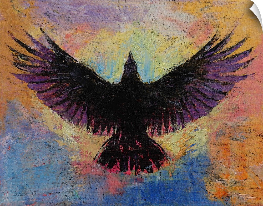 A contemporary painting of a black bird against a colorful background.