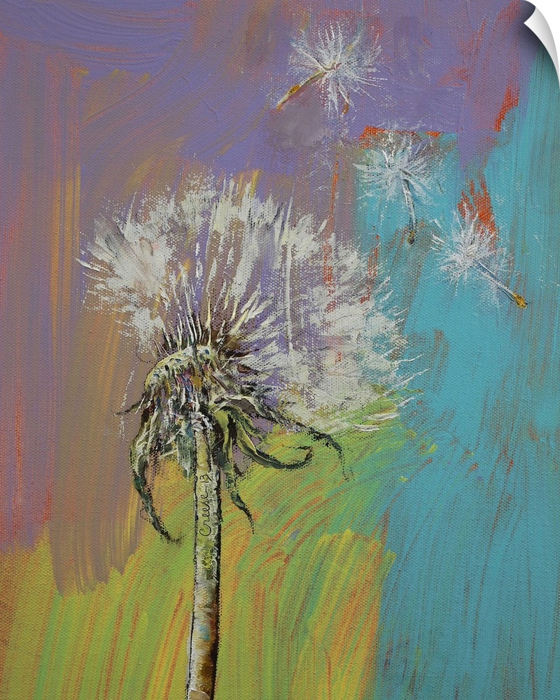 A contemporary painting of a dandelion with some of its seeds blowing away.