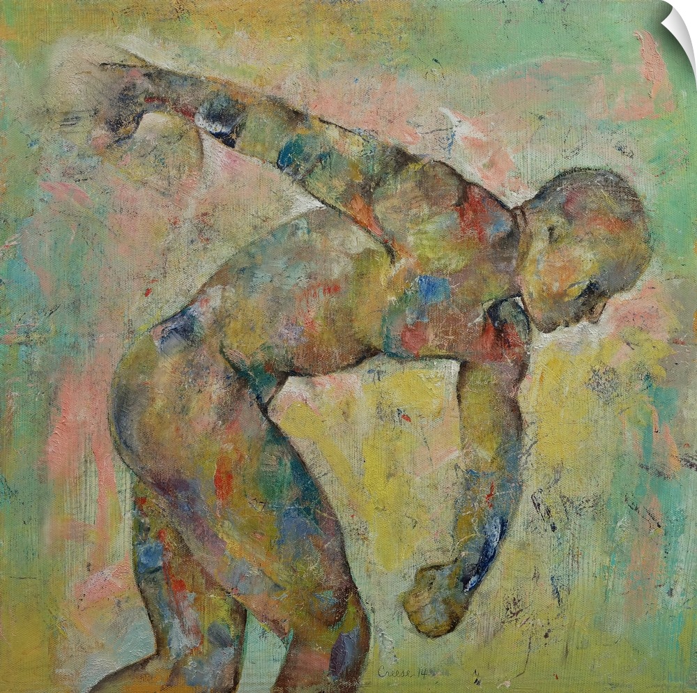 A contemporary painting of a nude male discus thrower.