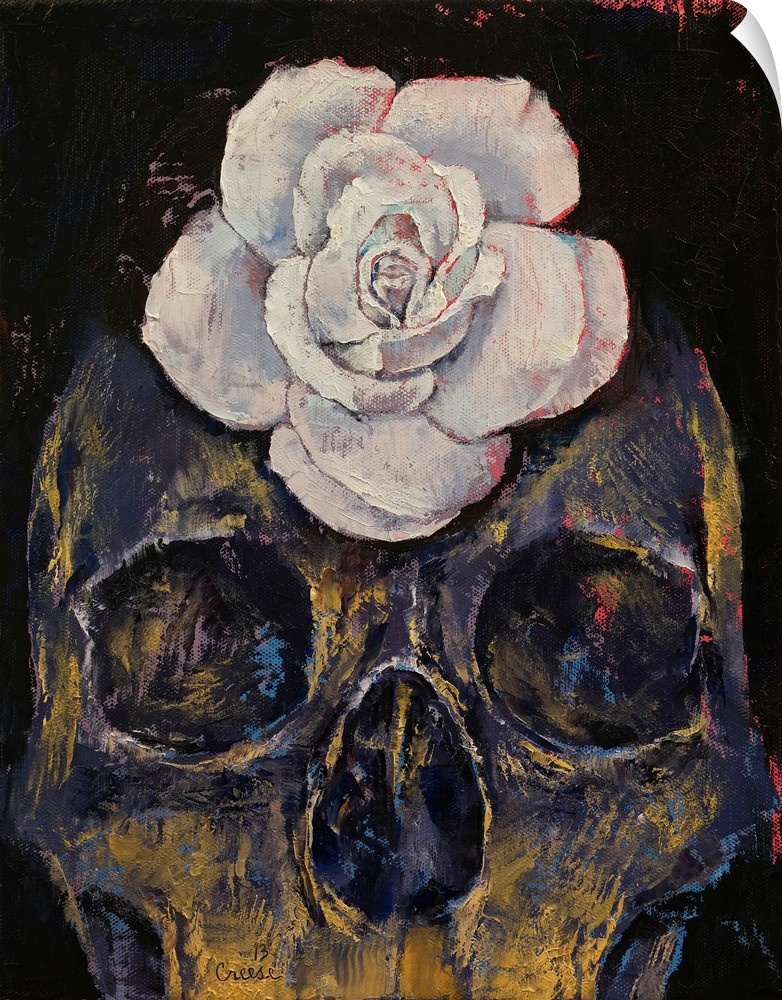 A contemporary painting of a human skull with a white flower on the forehead.