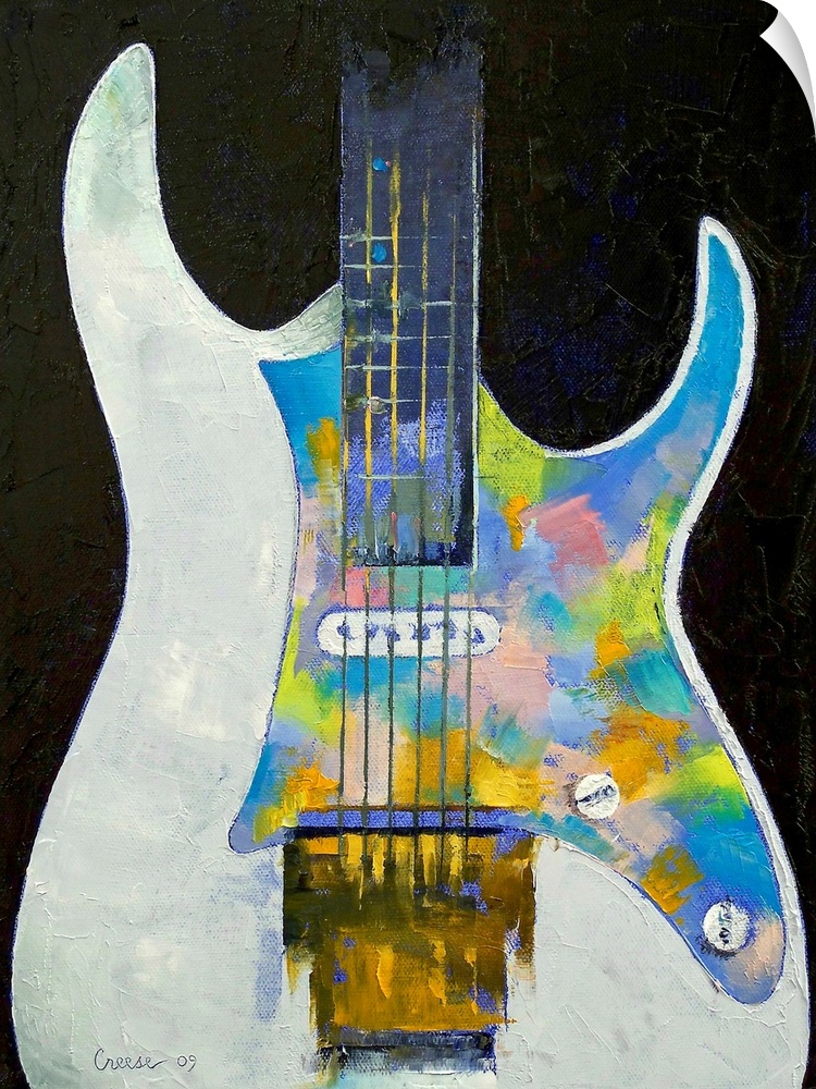 Up-close, pastel colored oil painting of the bottom half of a guitar by an American artist and painter.