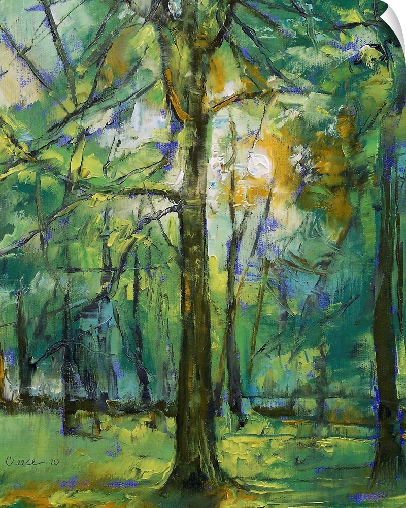 A vertical painting of a tree in a forest illuminated by sunlight shining through leaves.