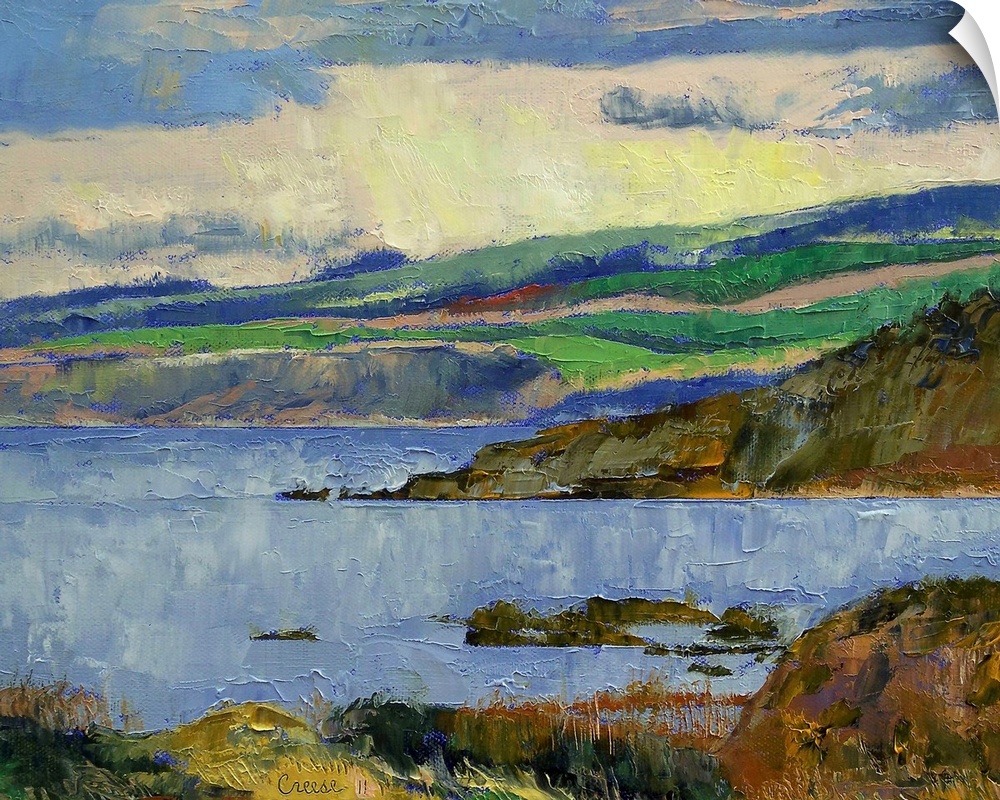 Oil on canvas large wall landscape painting of the Firth of Clyde in the British Isles. Clear water meets cliffs and gentl...