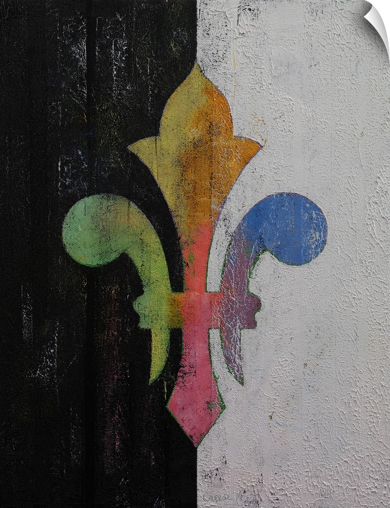 A contemporary painting of a colorful symbol against a split black and white background.