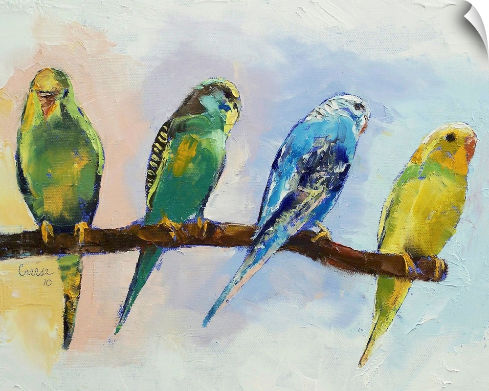 A decorative painting perfect for the home of four colorful parakeets sitting out on a branch.