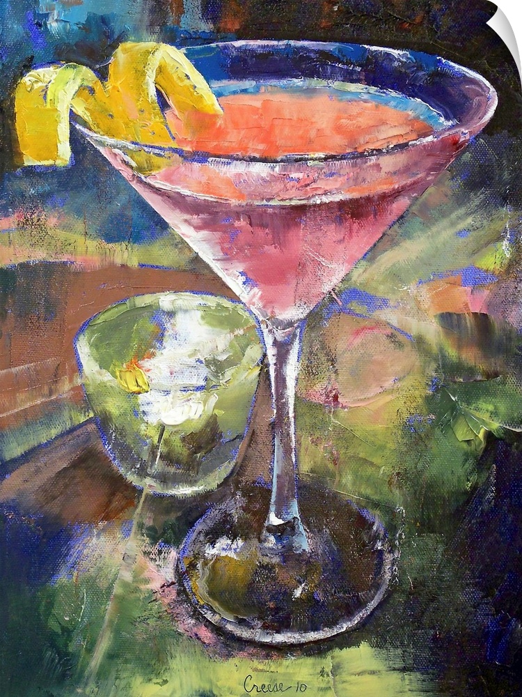 Large artwork of a martini glass filled with a pink drink and a lemon twist on the side. A small candle sits on the table ...