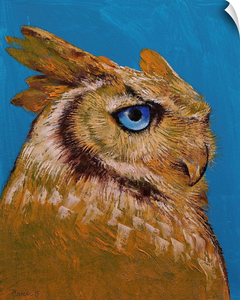 A contemporary painting of a brown owl with piercing blue eyes.