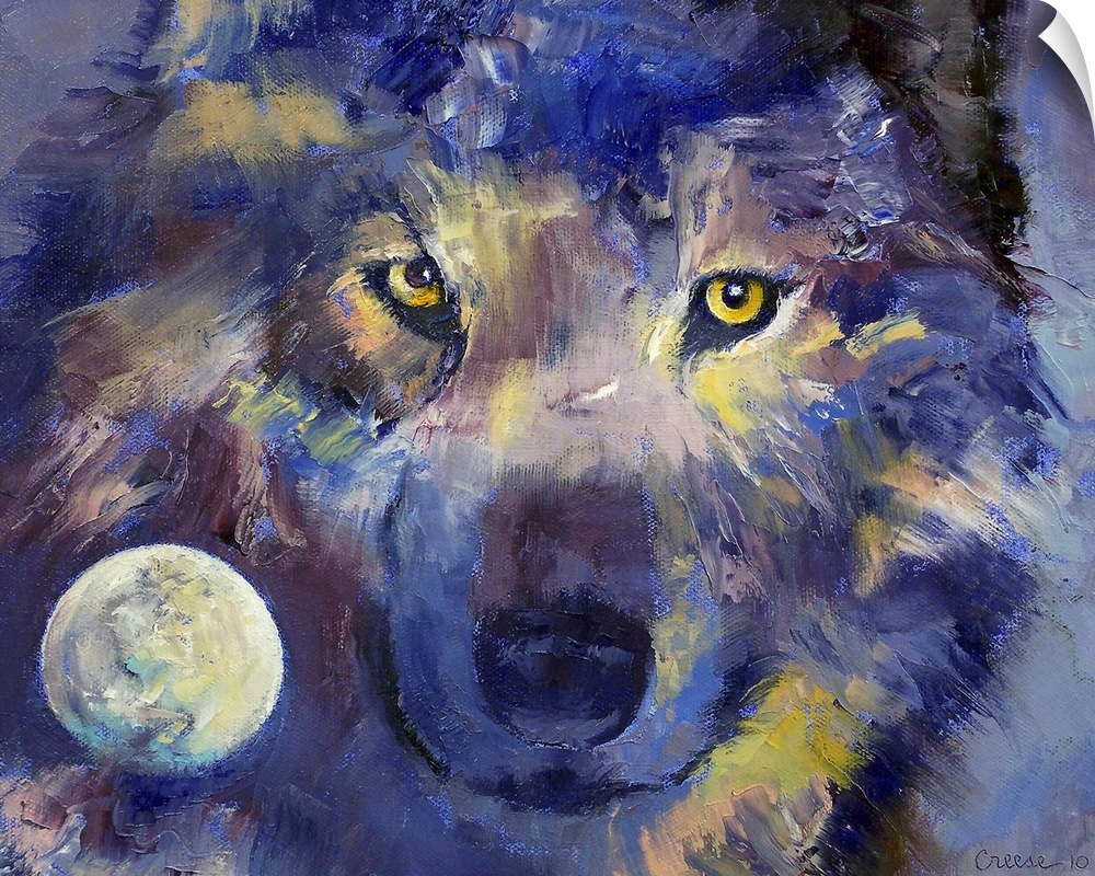 Oil painting with visible brush strokes of a wolf with a full moon inset in the lower left corner by an American artist.