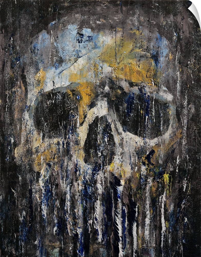 A contemporary painting of a human skull dripping against a black background.