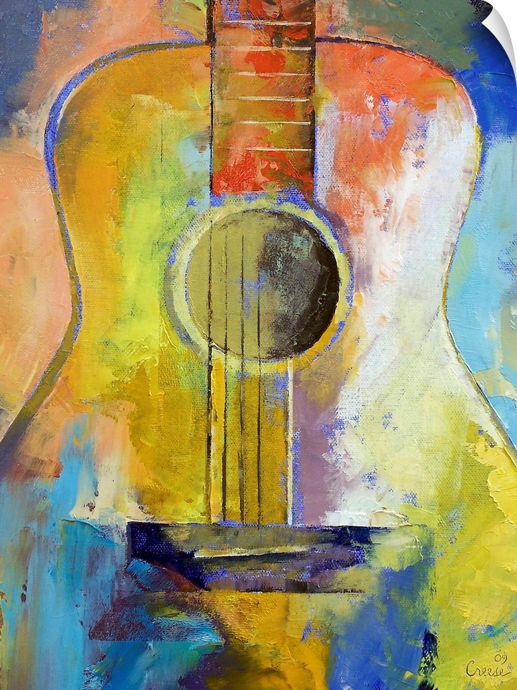 Large contemporary art focuses on the body and strings of a popular musical instrument through the use of vibrant colors.