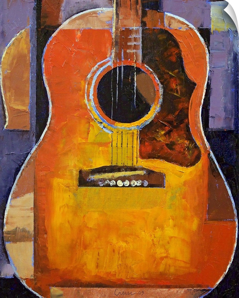 Vertical, large contemporary painting of an acoustic guitar body with rectangular patches around the outer edge that are l...
