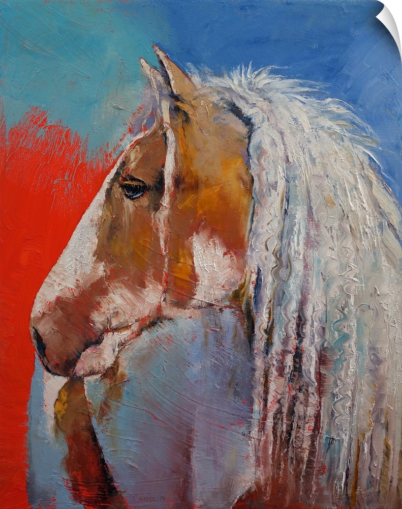 A contemporary painting of a multi-colored horse in profile.