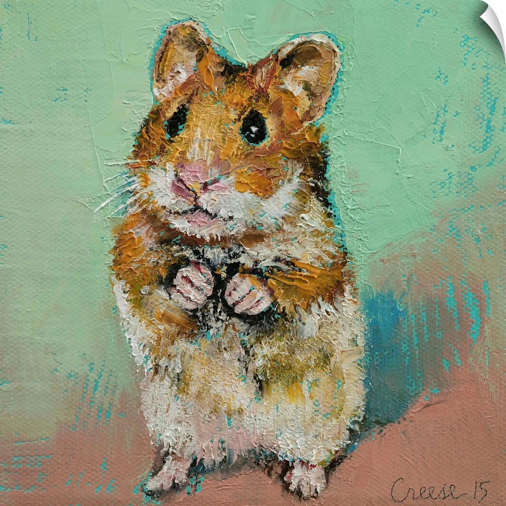A contemporary painting of a little brown and white hamster against a green and brown background.