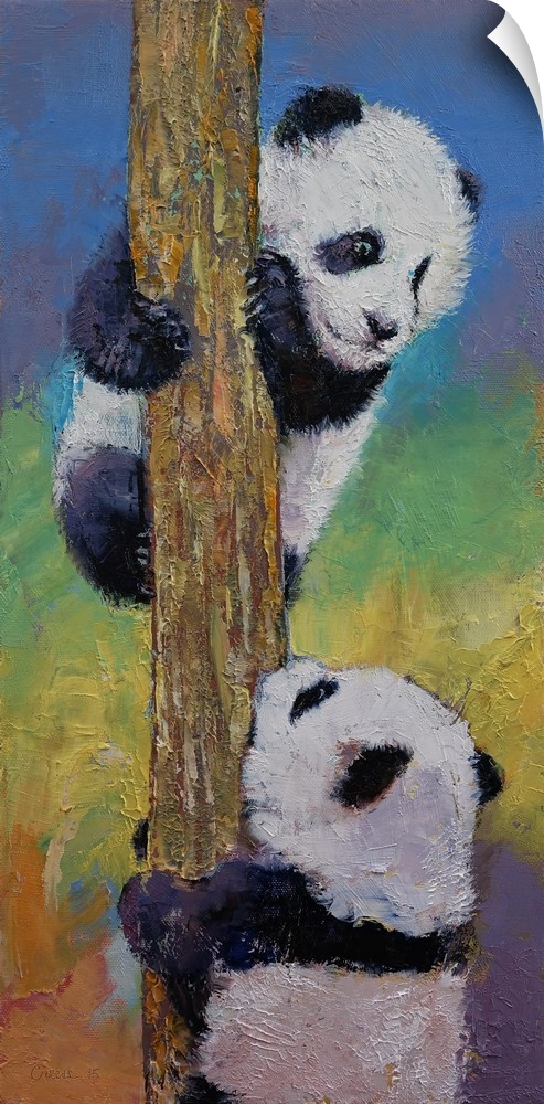 A contemporary painting of two panda bears climbing a tree.
