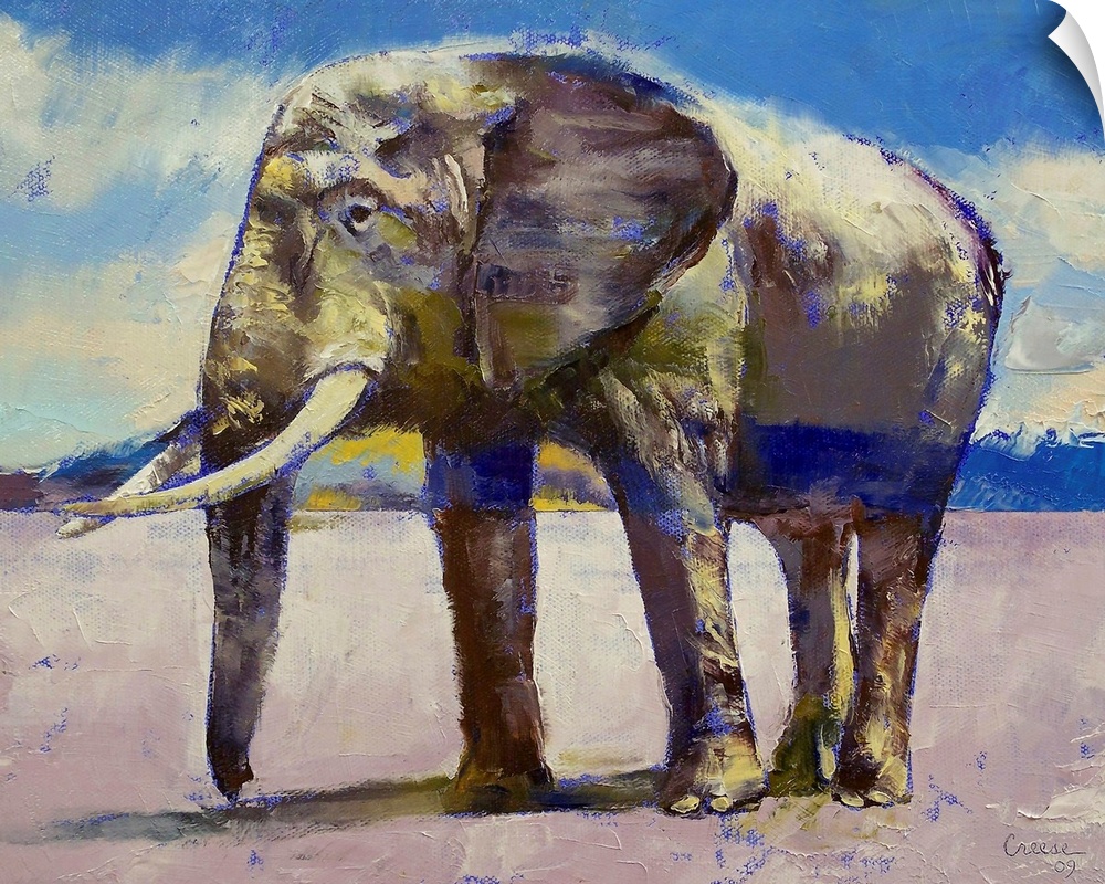 An oil painting of a large elephant standing in an open field with a cloudy sky above.