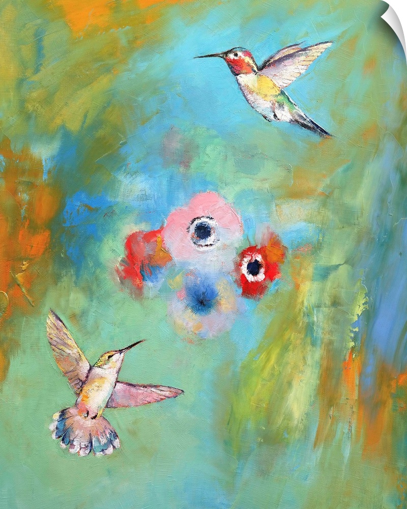 A contemporary painting of hummingbirds flying around pink flowers.