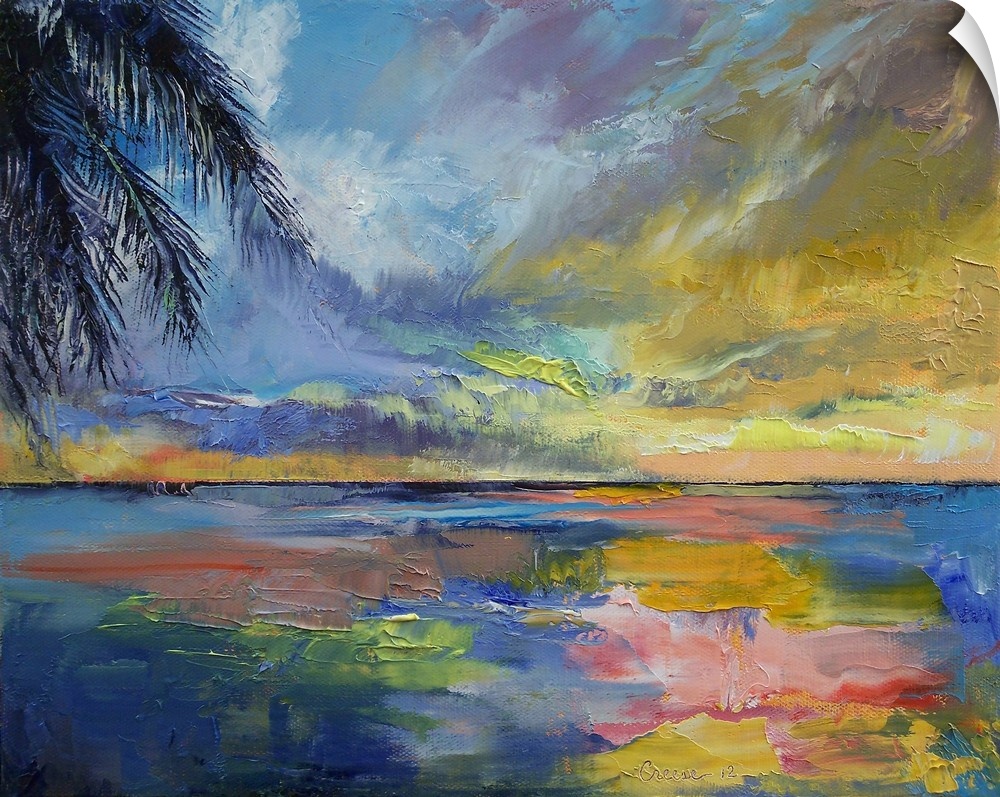 Painting of ocean under a bright colorful sky at dusk with huge palm leaf hanging from above.