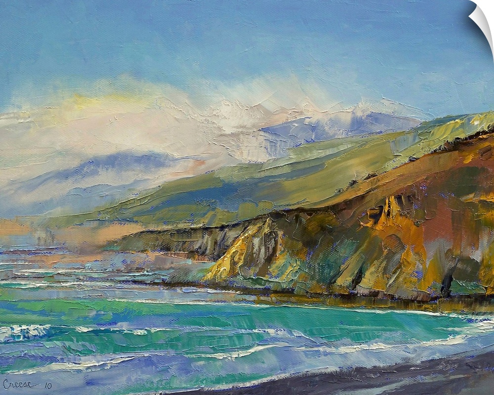 Contemporary oil paint landscape of sea cliffs and waves washing against the shore.