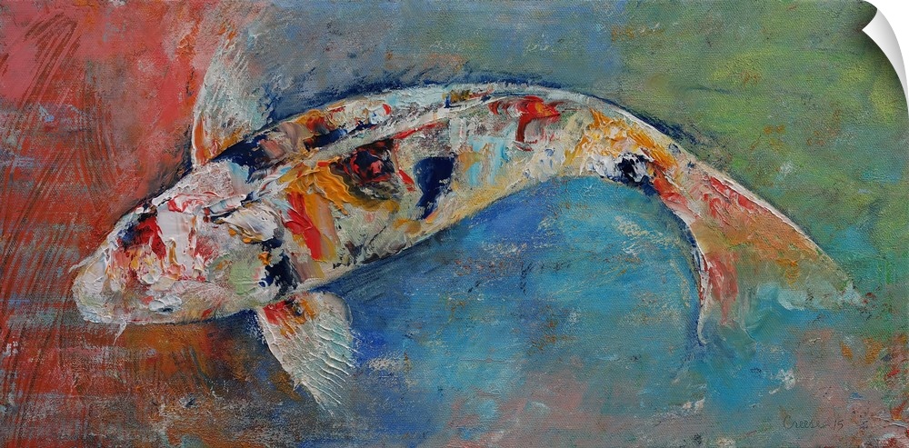 A contemporary painting of a koi against a multi-colored background.