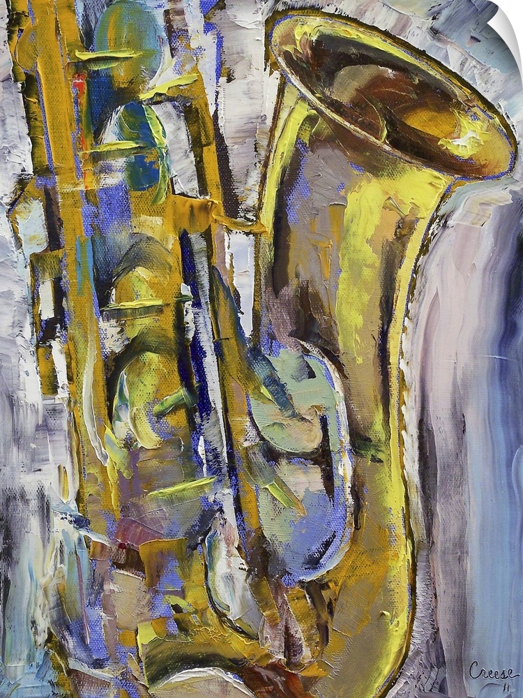 Contemporary oil painting of a close up shot of the half of a saxophone.  The background consists of paint with short brus...